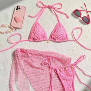 Costume da Bagno Bikini a 3 Pezzi Tinta Unita di Tendenza, Ultimo Modello di Design, Colore Caramella, Abbigliamento da Spiaggia per Donna - Product Image 1