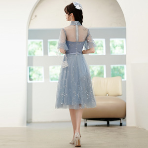 Blue A-Line Chiffon Evening Gown With Floral Embroidery Stand Neckline Natural Waist For Bridesmaid Graduation Events - Product Image 4
