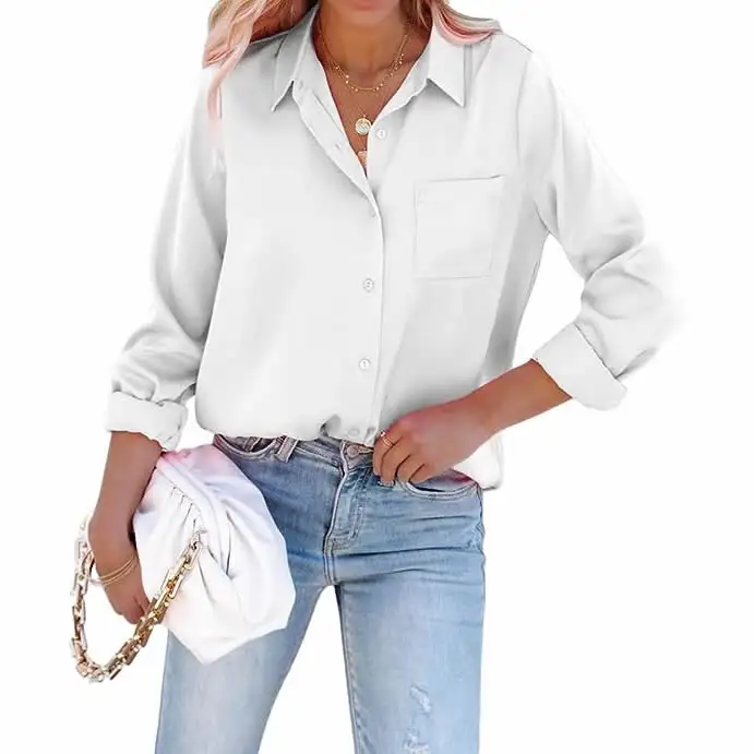 Satin Button Down Shirts for Women Long Sleeve Office Slim Fit Blouses Casual Business Silk Tops with Pocket S-XXL