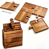 Plateau en bois d'acacia (acaia) 5 pièces sans poignées, multifonctionnel 4-en-1 avec 1 boîte de rangement à poignées, plateau de puzzle en bois