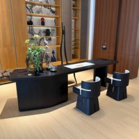 Table à thé de luxe moderne avec plateau en pierre intégré et plateau supérieur en bois foncé, base incurvée, table à thé pour salon