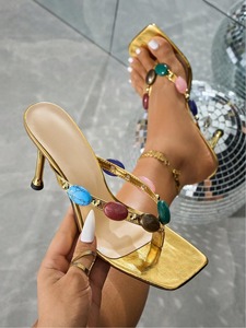 Sandalias de Tacón de Aguja para Mujer con Punta Cuadrada y Adornos de Piedras Preciosas, Estilo Elegante para Fiestas - Product Image 4