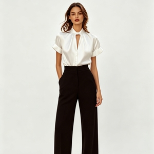 Blus Satin Kerah Keyhole Lengan Pendek Wanita Elegan Kantor Warna Solid Kemeja Merek Butik Sehe Fashion - Product Image 4