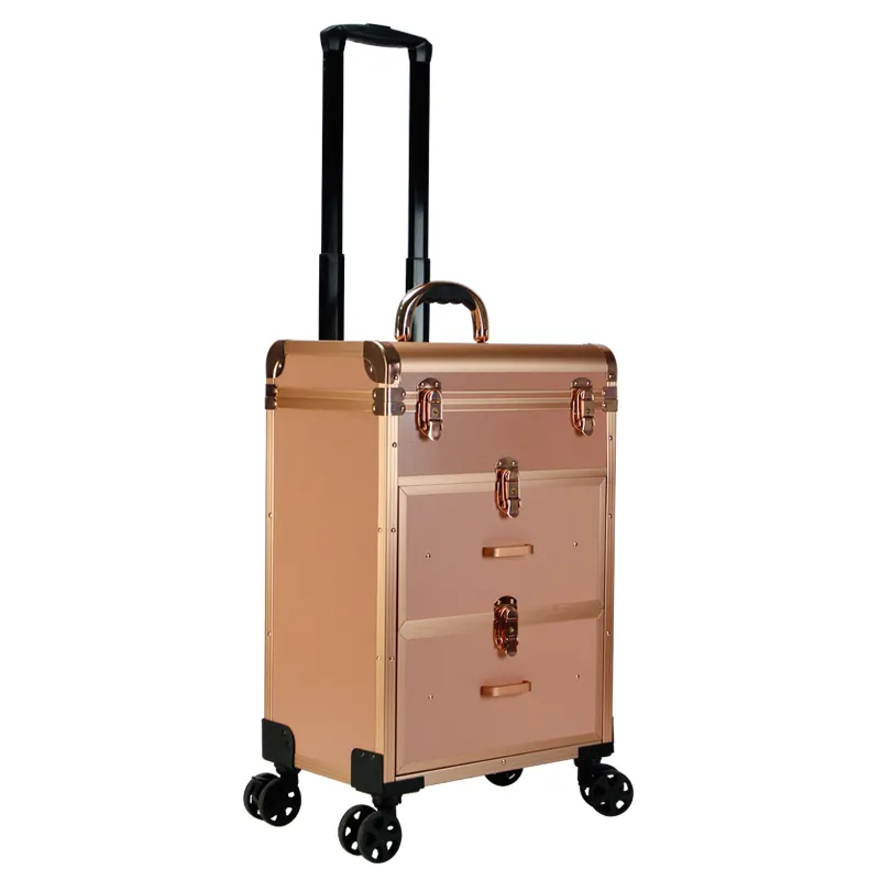 Tas troli multifungsi, koper riasan tas kosmetik kecantikan perjalanan aluminium dengan roda modis