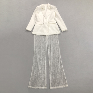 Completo da Donna Due Pezzi con Blazer Bianco a Maniche Lunghe e Pantaloni <span class=keywords><strong>in</strong></span> <span class=keywords><strong>Pizzo</strong></span> per Occasioni di Lavoro o Feste Eleganti - Product Image 2