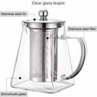 Théière en verre borosilicate transparent carrée de différentes tailles avec couvercle en acier inoxydable et infuseur amovible