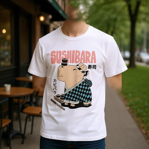 T-shirt Sushibara in cotone bianco, abbigliamento casual unisex - Product Image 3