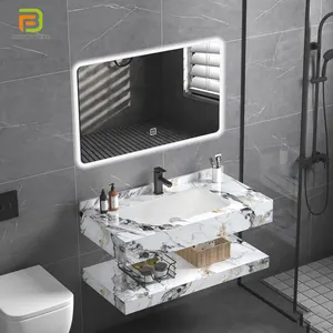 Luxus-Doppellagiger Wandmontage Waschbecken Schrank Felsplatte Marmor-Werkbecken schwimmende Badezimmer-Wolsch mit Spiegel
