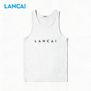 เสื้อกล้าม Lancai แบบมีซี่โครง สำหรับออกกำลังกาย ผู้ชาย ผ้าฝ้าย 100% คอกลม สีขาว สไตล์สตรีทแวร์ - Product Image 2
