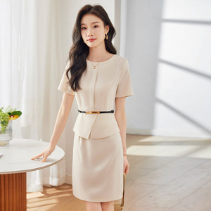 Women's Suit Dress Apricot Solid Color O-Neck Peplum Waist Cinching Professional Career Dress Short Sleeve - Product Image 3