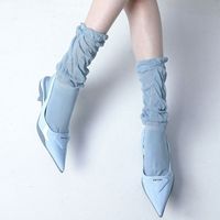 Chaussettes mi-mollet pour femme, fines, couleur macaron, en maille unie ajourée tricotée torsadée, avec bordure en dentelle, absorbantes et à volants, collection printemps