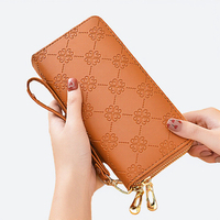 Dompet Bisnis Kulit Asli Cokelat Vintage PU Anti RFID Tahan Air dengan Ritsleting Desain Bordir Bunga Kustom
