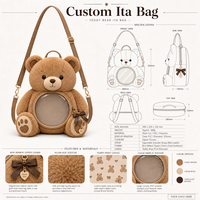 Sac à bandoulière personnalisé en forme d'ours en peluche mignon, sac Ita Kawaii en peluche avec fenêtre ronde transparente en PVC, breloque nœud en ruban, sac à bandoulière ours adorable