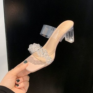 Sandalias de tacón alto grueso con punta cuadrada transparente de 5/7 cm para mujer, con correa de cristal, estilo mule, sin cordones - Product Image 3