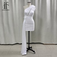 Gaun Koktail Mini Mewah Putih Satu Bahu Berbunga untuk Wanita, Gaun Pesta Bodycon dengan Selempang Panjang, Gaun Malam Prom
