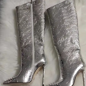 2021 Pointy Toe Women <b>Boots</b> Silver Calf High Patent Leather High-heeled Shoes Rivet Decor Knee High <b>Boots</b> Side Zipper - Product Image 2