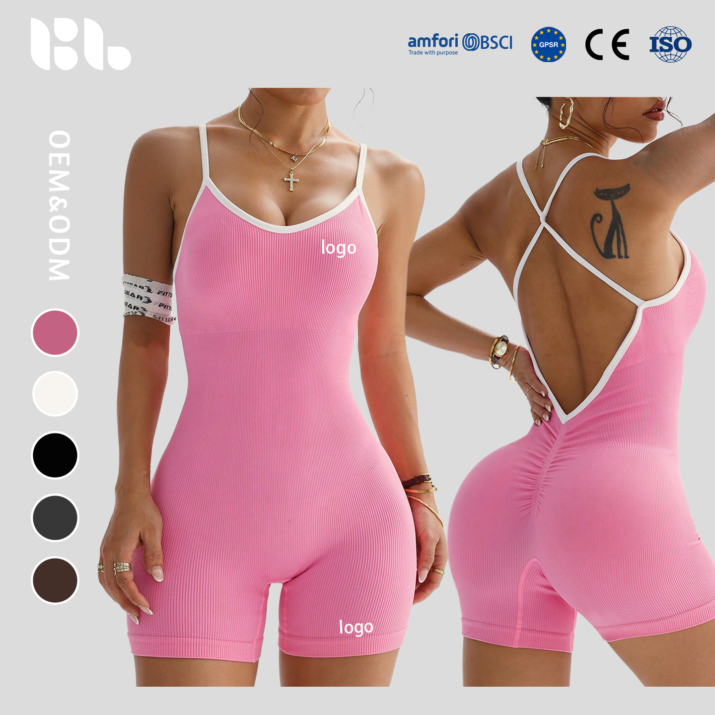 Women's Fashion New Contrast Bandage Sexy V-Back Cutout Butt Lifting Seamless Yoga Short Bodysuit