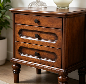 New Arrival Three <b>Drawer</b> Oval Recessed Panel Solid Wood Nightstand with Turned Bun Leg & Round Knobs - Product Image 3