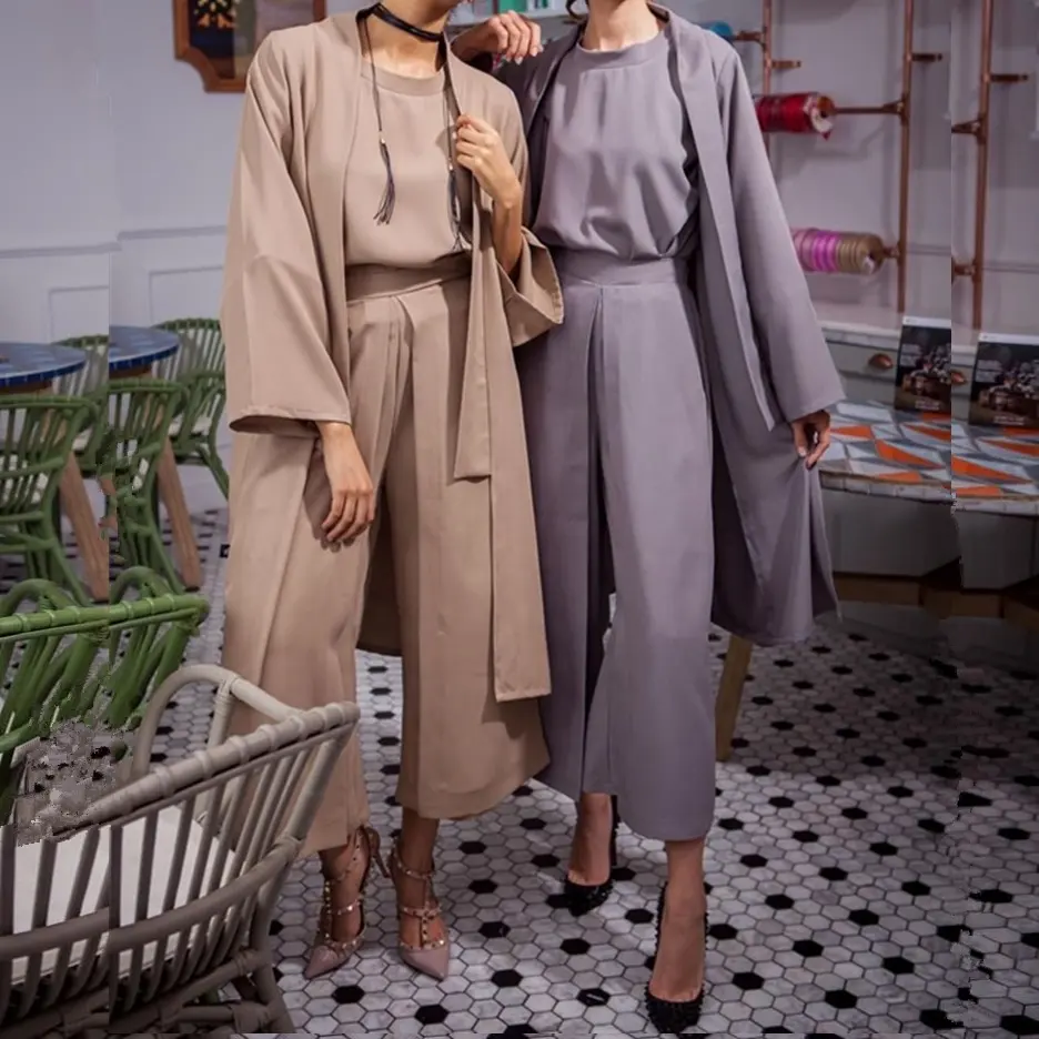 Desain Terbaru 2021 Set Celana Atasan Kardigan Wanita Muslim 3 Potong Pakaian Abaya Islami Kaftan Jubah Jilbab