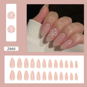 Set <span class=keywords><strong>de</strong></span> 24 Piezas <span class=keywords><strong>de</strong></span> <span class=keywords><strong>Uñas</strong></span> Postizas Acrílicas Estilo Coffin en Tonos Nude <span class=keywords><strong>y</strong></span> <span class=keywords><strong>Rosa</strong></span> Almendra con Lazo <span class=keywords><strong>Blanco</strong></span> Minimalista para Salón o DIY - Product Image 2