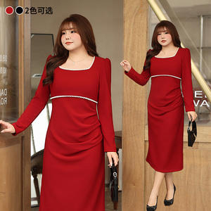 Vestido de Noche Runqi con Cuello Cuadrado y Perlas N8818 Rojo Talla Grande Otoño Invierno Estilo Francés Elegante Color Sólido para Mujer - Product Image 2