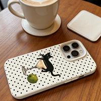 Coque de téléphone portable antichoc en cuir souple à pois noirs motif chat mignon pour iPhone 14 18 16 17 Pro Max