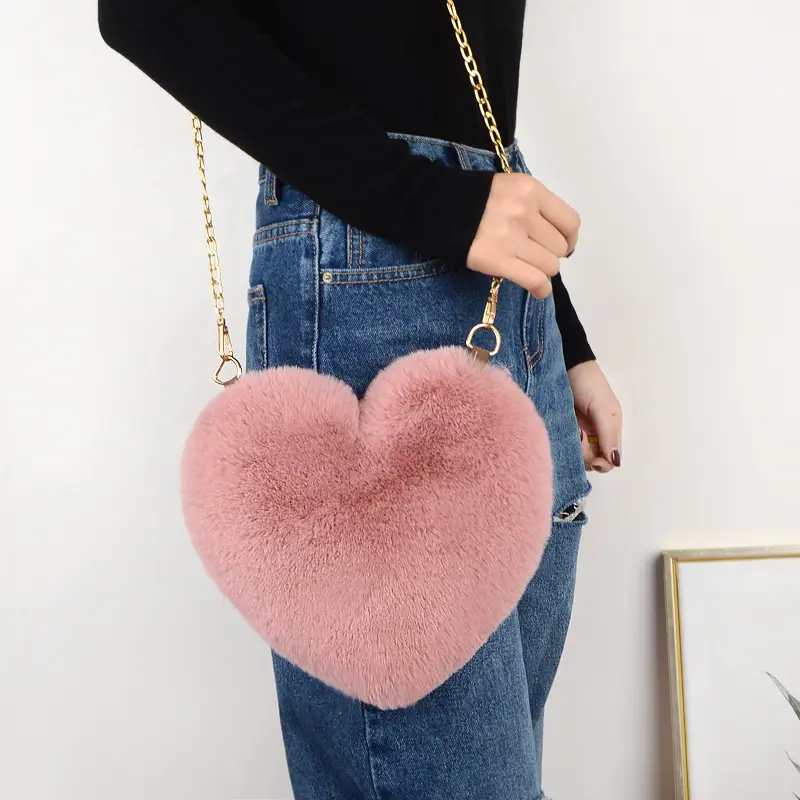 Fashionable Autumn Winter Women Lady Gold Metal Chain Fake Rabbit Fur Heart Message Bag