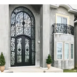 Puerta de hierro forjado puerta de seguridad doble hierro forjado vidrio de aluminio negro exterior e interior Puerta de Hierro francés para casa