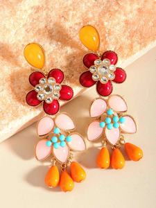 Nouvelles boucles d'oreilles pendantes tendance en alliage avec perles et pompons, faites à la main, grandes, colorées, en résine acrylique, papillon, fleur, plaqué or, pour femmes - Product Image 5