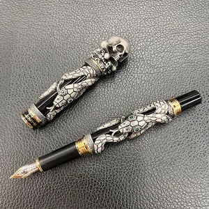 Inhao stylo plume serpent noir plume edium style rétro avec tête de crâne design en métal solide stylo de calligraphie