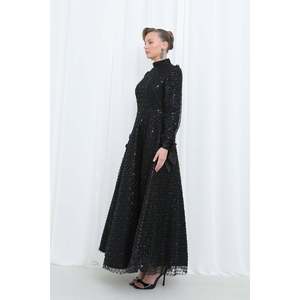 Vestido de Noche Largo para Mujer Puane, Negro, con Lentejuelas, Malla Bordada, Cuello Alto, Manga Larga y Puños de Satén, para Ocasiones Especiales - Product Image 4