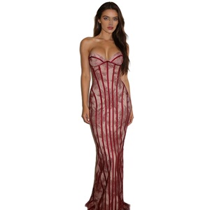 Elegante Nuovo Abito Lungo <span class=keywords><strong>da</strong></span> <span class=keywords><strong>Cerimonia</strong></span> Senza Spalline con Righe Verticali e Inserti in Pizzo, Vestito Elegante per Donne - Product Image 6