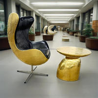 Fauteuil œuf en cuir véritable fait main avec pieds en métal et rembourrage en mousse, design industriel doré pour la maison, le bureau, le salon, le bar