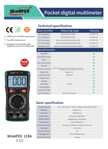 วินเอเพ็กซ์ 119A มินิแบบพกพา 2000 ค่าการวัด NCV มัลติมิเตอร์วัดแรงดันสูง 1000V ช่วงอัตโนมัติ AC 10A - Product Image 2