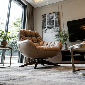 Fauteuil Lounge Nordique en Cuir <span class=keywords><strong>Marron</strong></span>, Canapé Simple, Fauteuil Pivotant Confortable, Fauteuil Club à Dossier Haut, Ensemble de Meubles de Lecture Rembourrés - Product Image 4