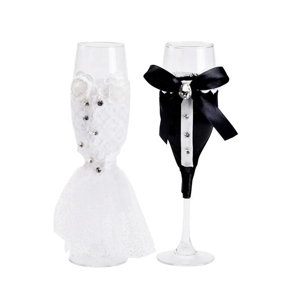 Customized Wedding Wine Champagne Glasses Cup Set Bride And Groom Black White Dress Decorative Cups