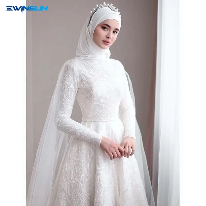 Wholesale lace Muslim white wedding dress with gorgeous modest hijab veil arab long sleeve A-line collect waist Bridal Gowns