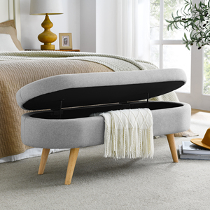 Oval <b>Storage</b> Bench Grey 43.5x16x16 Rubber Wood Legs With <b>Cushion</b> For Entryway Or Bedroom - Product Image 5