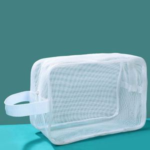 Bolsa de aseo de malla transparente hueca para playa, organizador de maquillaje de viaje, bolsa de baño de malla transparente con logotipo personalizado - Product Image 4