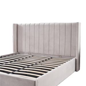 Verticale Strepen Hoge Hoofdeinde Met Vleugels Fluwelen Stof Zacht Slaapkamer Meubels Double Twin Opslag Bed Frame - Product Image 1