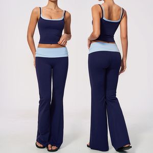 Women's Casual Sporty 2 Piece Set <b>Strapless</b> Short Crop High Waist Flare Pants Striped Pattern Knitted Breathable Polyester - Product Image 1