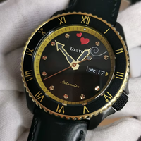 Montre mécanique automatique pour hommes, lunette noire et dorée, double date, bracelet en cuir, mode décontractée, montre-bracelet pour hommes