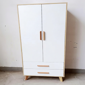 Modern Wardrobe With White Doors And Wooden Frame 2 Drawers Freestanding Bedroom <b>Storage</b> <b>Cabinet</b> Scandinavian Design - Product Image 1