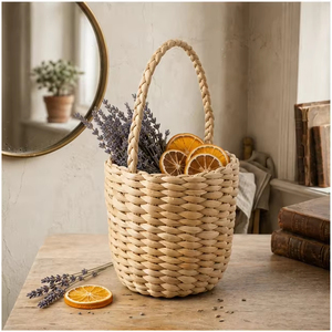 Natural Water Hyacinth Woven Storage Basket with Braided Handle Decorative Organizer <b>Bin</b> for Fruits Flowers Home Decor - Product Image 1