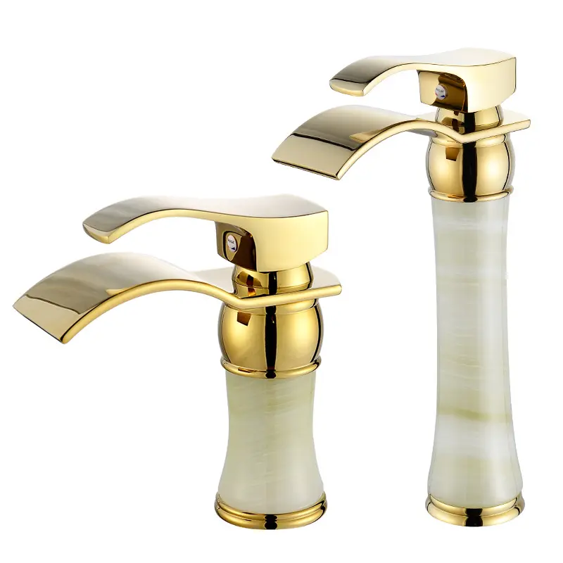 Artistic Sanitary Ware Deck Mounted Wash Hand Mixer Tap black Stone and Gold Color Brass Jade Basin Faucet