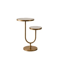 Table console moderne de luxe à 2 niveaux avec plateau miroir rond et cadre métallique incurvé pour salon, chambre, entrée, hôtel