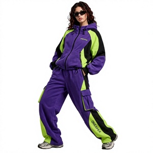 <b>Women's</b> <b>Purple</b> Color Fleece <b>Tracksuit</b> Set Zip Up Jacket Wide Leg Jogger Pants Streetwear Casual Sportswear Custom Apparel - Product Image 1