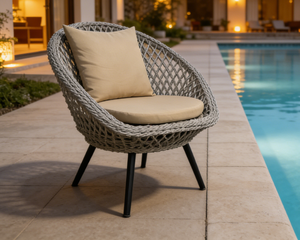 Chaise de bistrot ronde en osier pour patio avec coussin épais beige pour jardin, cour, balcon, terrasse, bord de piscine - Product Image 4