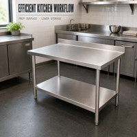 Table de préparation de cuisine professionnelle en acier inoxydable à deux niveaux avec étagère inférieure, plan de travail robuste pour la préparation des aliments