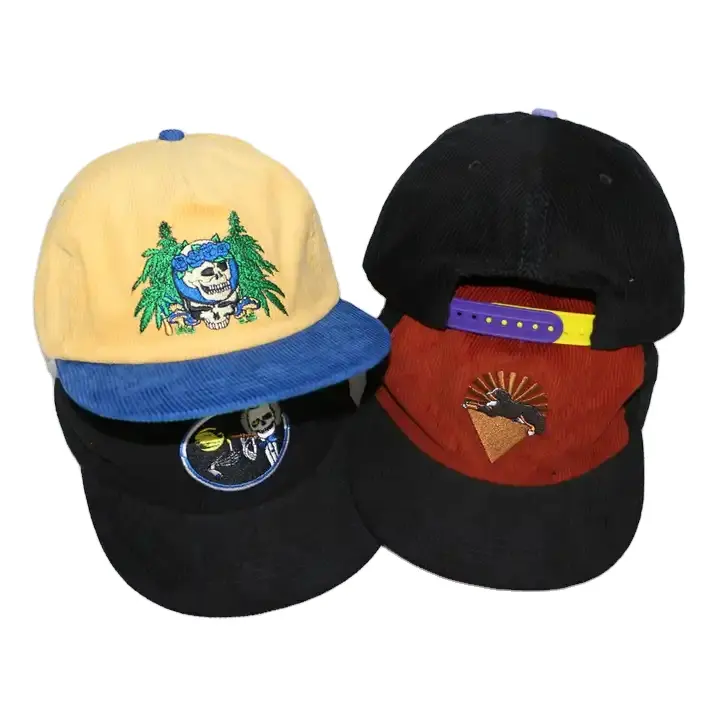 Vintage Caps Gorras 5 Panel Corduroy Snap Back Hats, Retro 5 Panel Unstructured Corduroy Cap with Embroidery